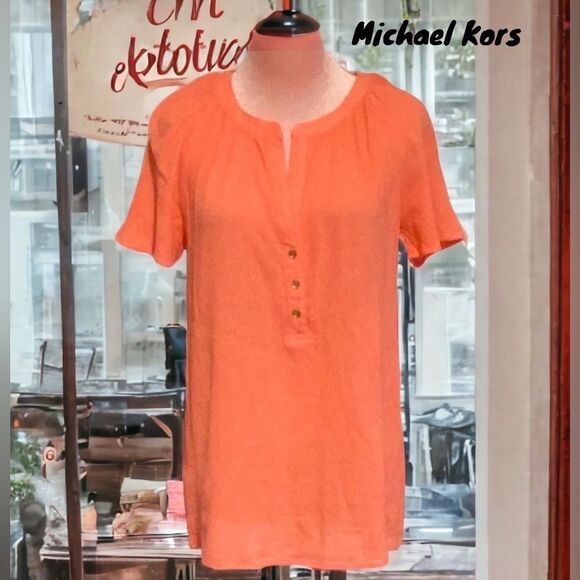 MICHAEL KORS CORAL SHORT SLEEVE TOP BLOUSE CRINKLE SIZE MEDIUM - Picture 2 of 8